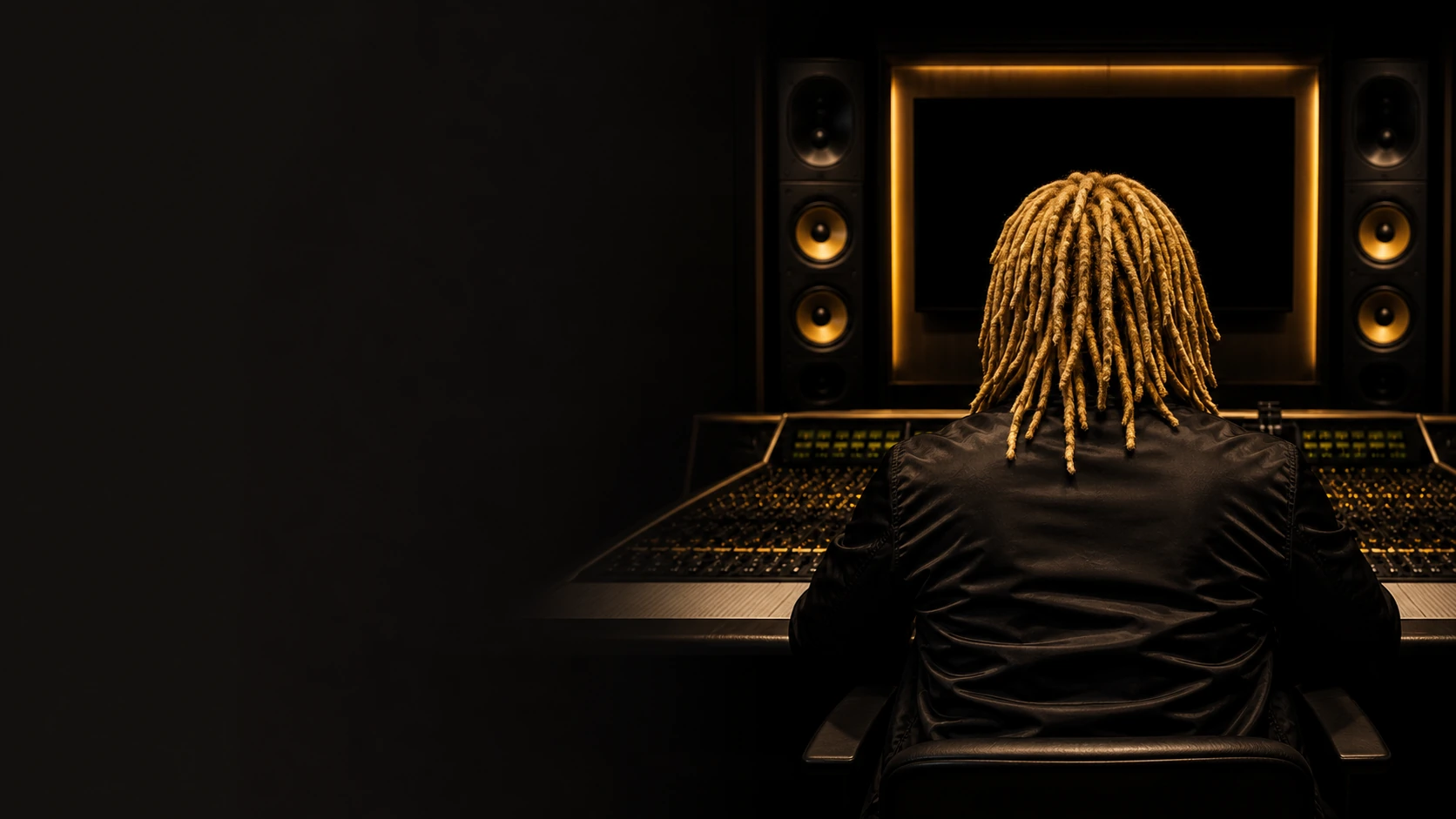 Creator with blonde dreadlocks seated at a studio console