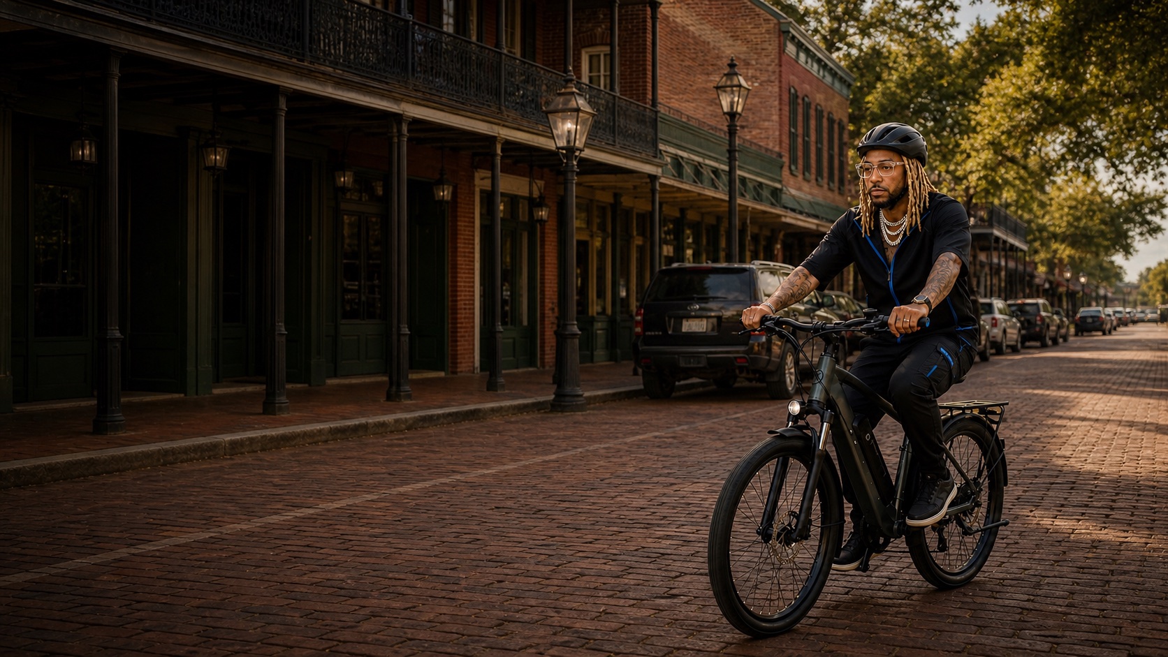 Editorial image of Bobby ReeZy riding an e-bike with a properly fitted and buckled helmet on downtown Front Street in Natchitoches, Louisiana