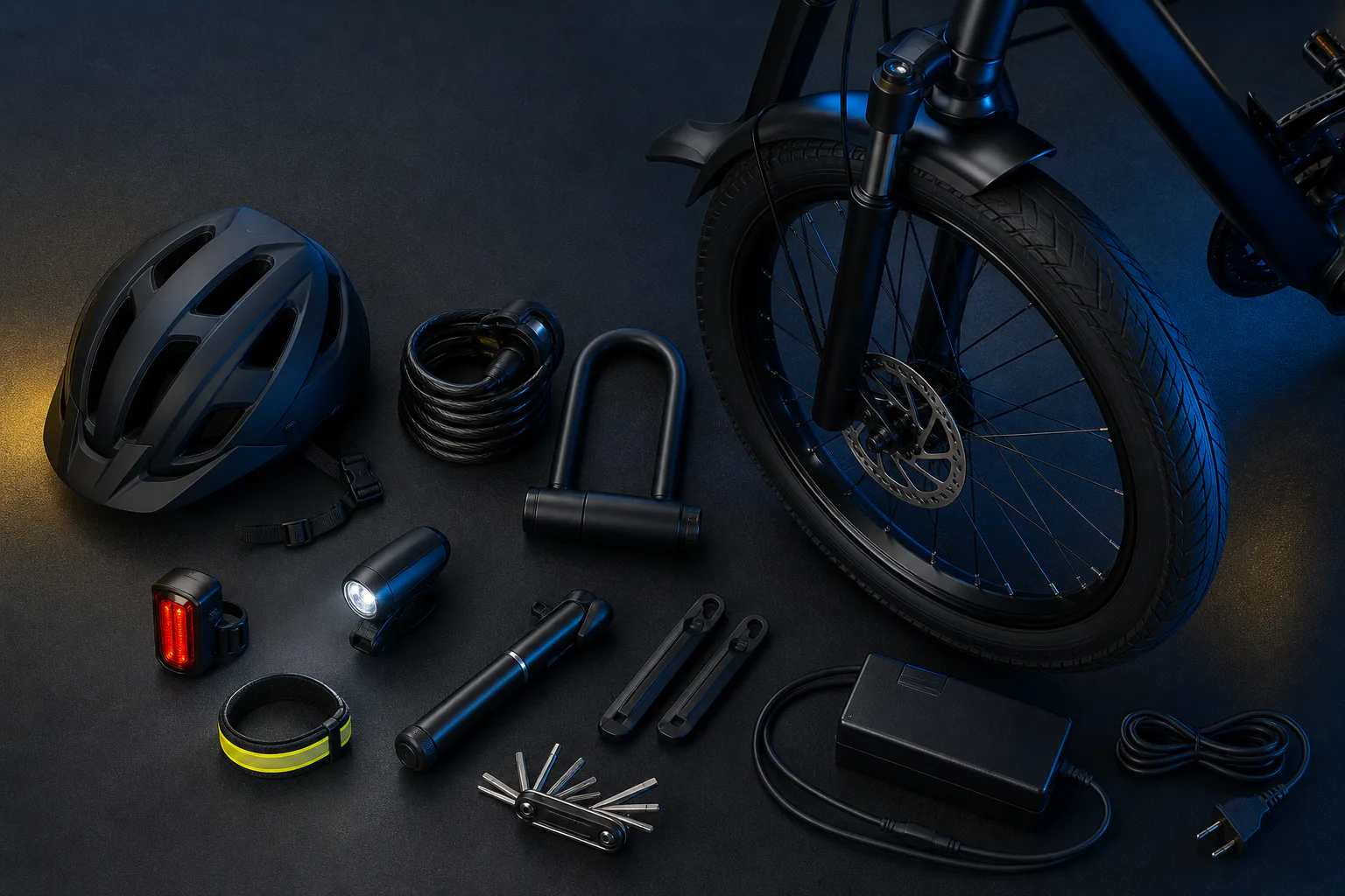 Helmet, U-lock, lights, pump, tools and charger arranged beside an e-bike