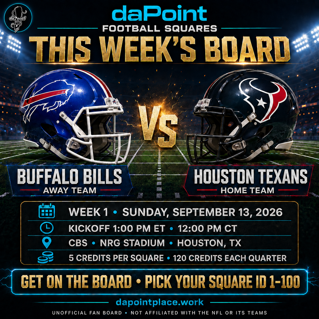 Bills versus Texans, this week's daPoint Football Squares board